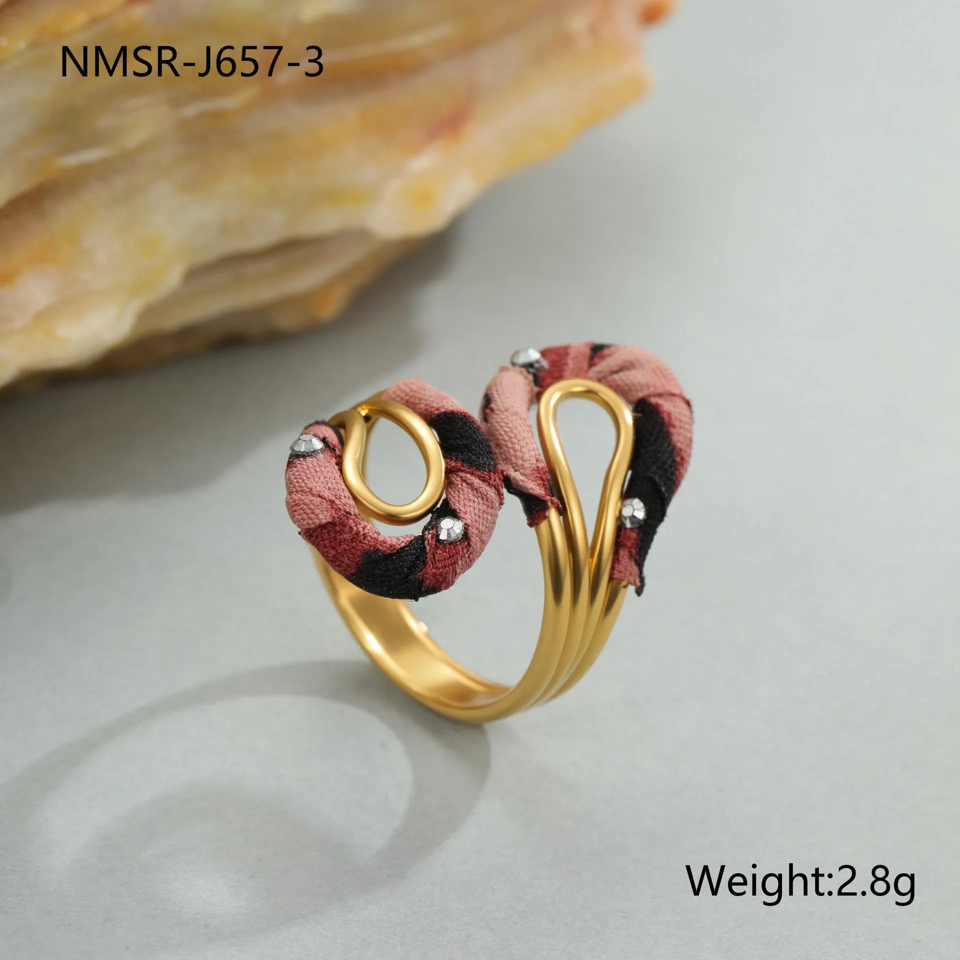 Open mouth ring with geometry heart star shapes and leopard print pattern in electroplated stainless steel