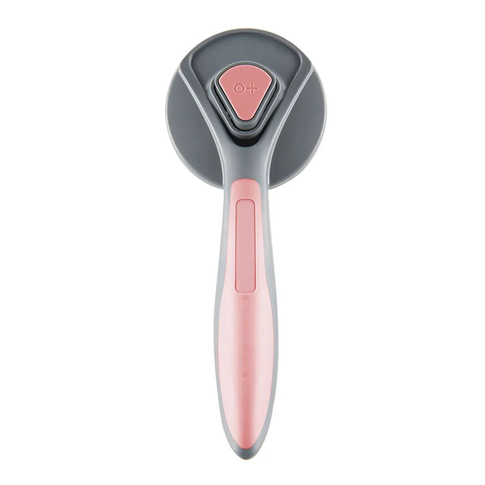 Grey self-cleaning slicker brush for pet grooming with ergonomic handle and one-click button.
