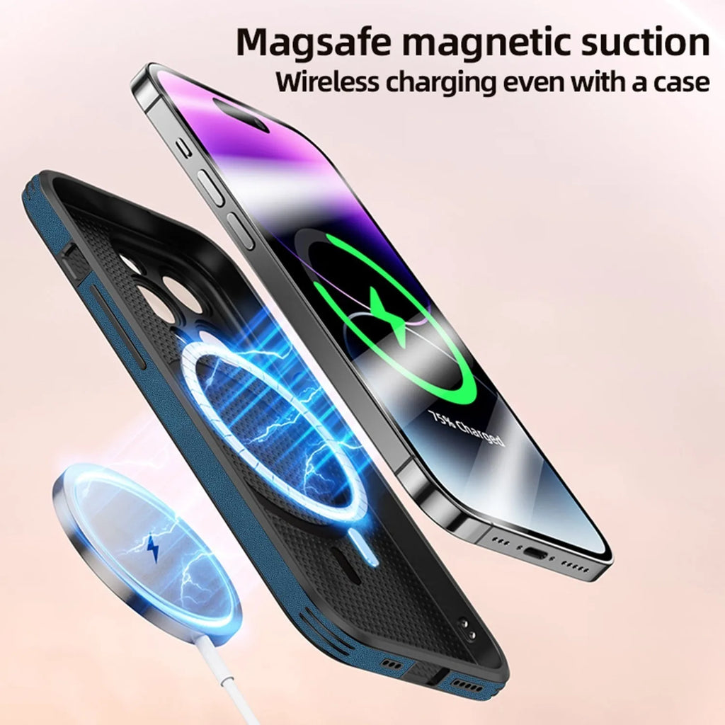 Magnetic charging iPhone 16 case with embossed moose head design in imitation leather material