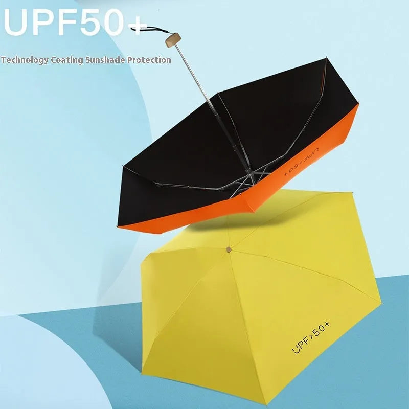 Closed 5-fold mini pocket sun umbrella showing compact size and rubber handle