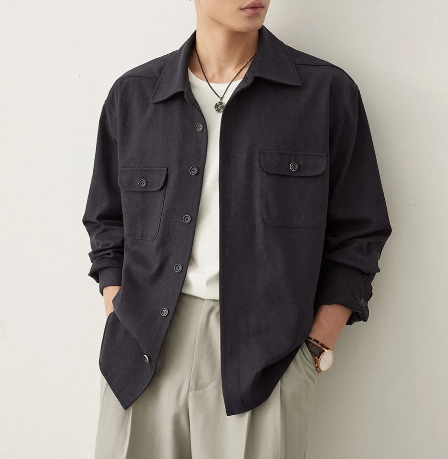 Men's cotton fabric lapel shirt in light sand rice colour with collage stitching detail and long sleeves