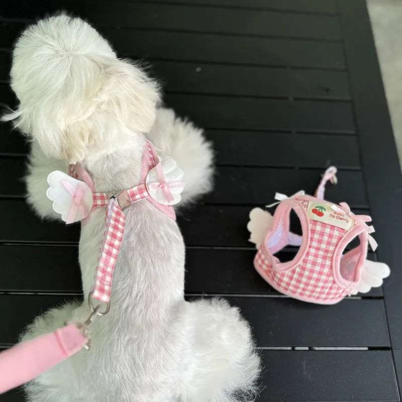 Small dog harness with chest and back connection in black or pink cotton material