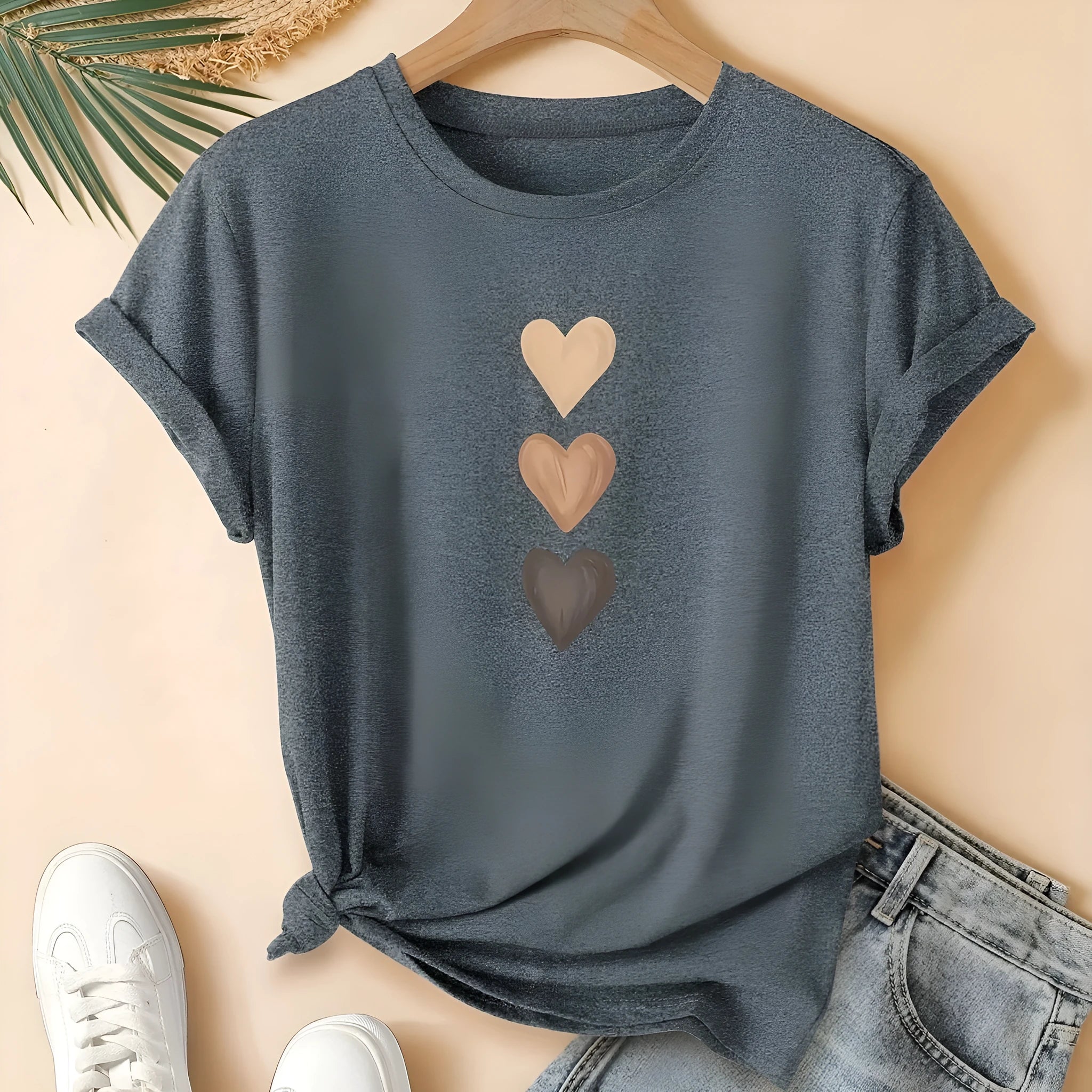 Women's pure cotton short sleeve T-shirt with Chinese art retro print in dark grey colour