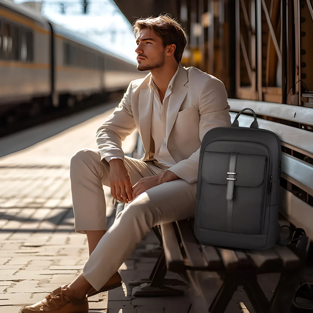 Black Oxford cloth backpack with urban simplicity styling for business commuting