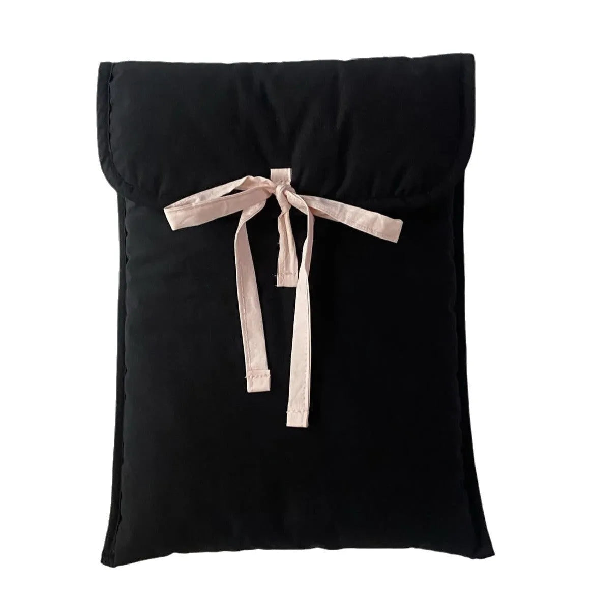 Women's black quilted laptop bag with ballet bow and striped pattern