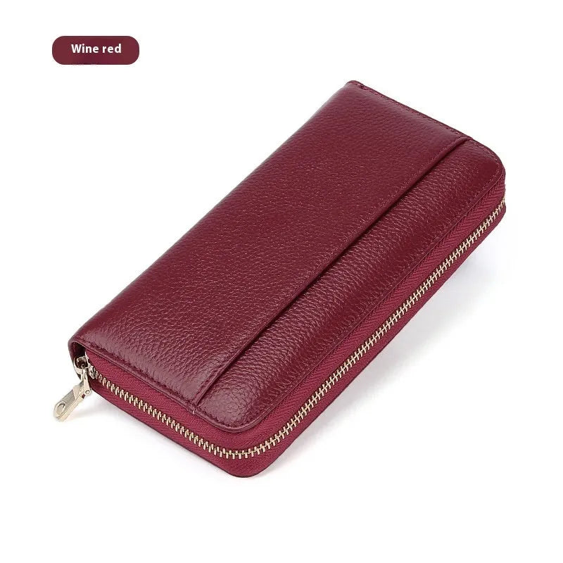 Long genuine leather women's wallet in six colours with anti-theft card swiping feature