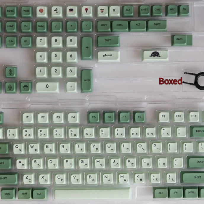 124 PBT keycaps in Matcha green colour arranged by language layout for mechanical keyboards