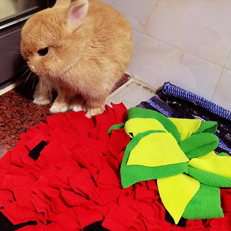 Red and green strawberry-shaped pet slow feeder mat with hiding spots for interactive feeding