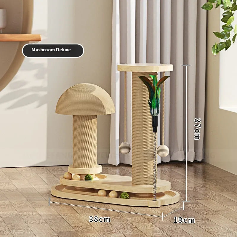 Solid wood cat turntable scratching post with climbing frame in natural timber construction