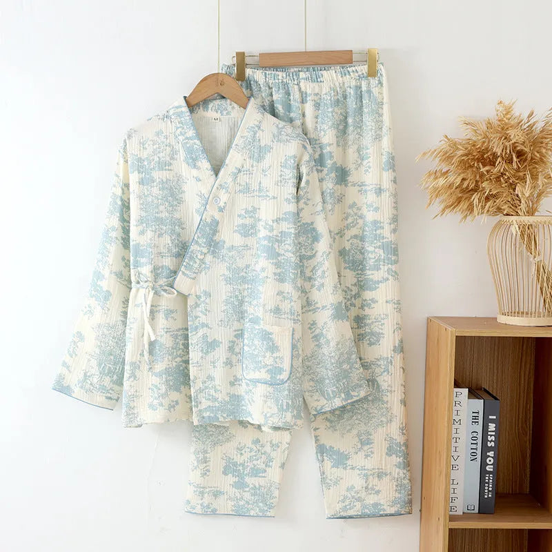 Women's pure cotton gauze lounge suit with long sleeve top and lace-up trousers in pink, blue or green