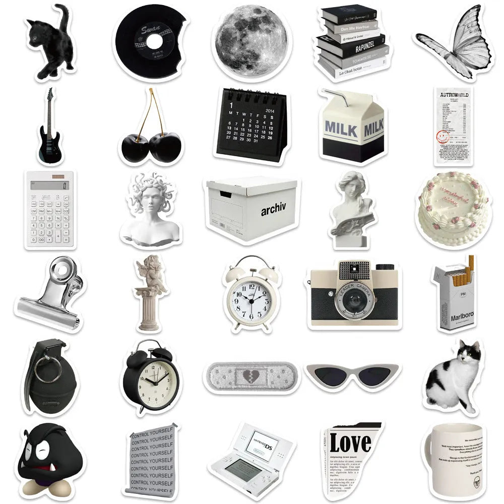 Set of 61 black and white simple style PVC waterproof vinyl stickers for laptops, cups, phones and guitars.