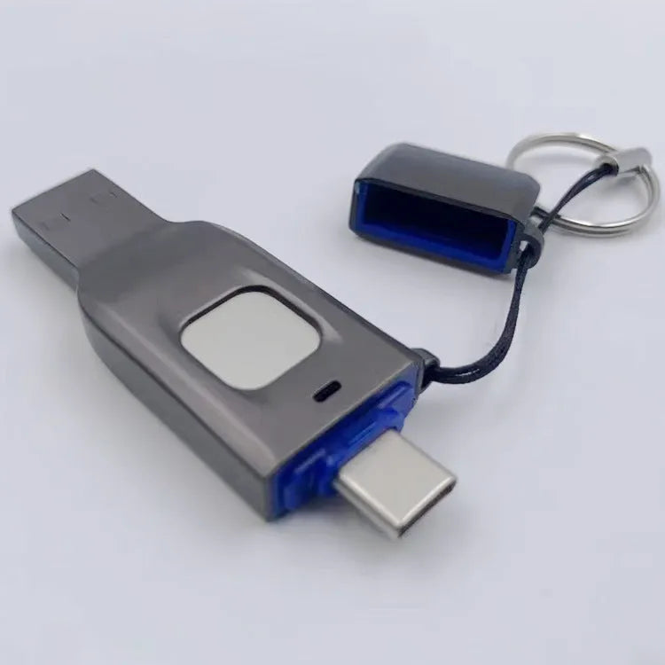 Black fingerprint encrypted USB flash drive showing USB 3.0 connector and Type-C interface with metal casing