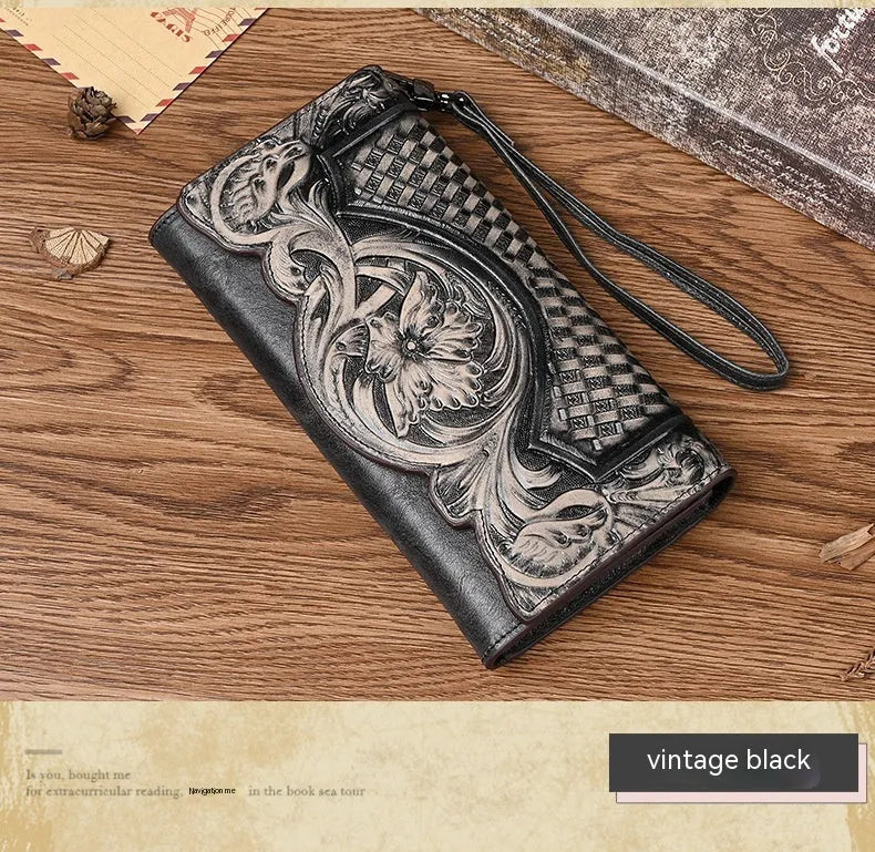 Chinese-style embossed floral pattern tri-fold women's wallet in genuine leather