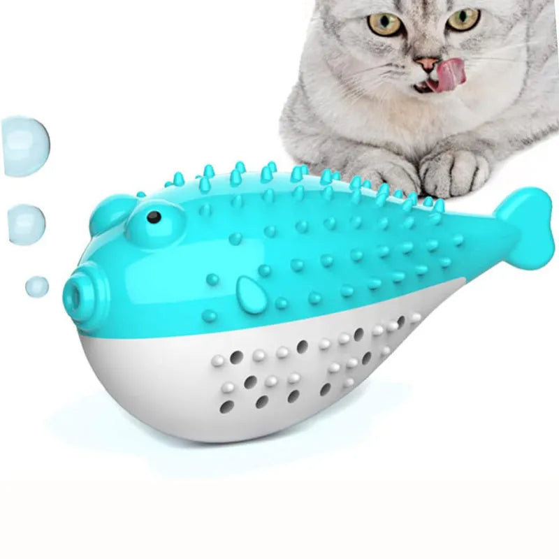 Blue silicone fish-shaped cat chew toy measuring 12.2 cm with catnip attractant