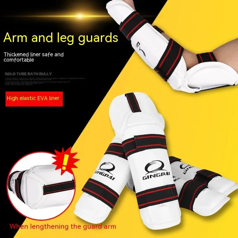 Taekwondo protective gear set showing leg guards, arm guards and elbow protection in PU EVA construction