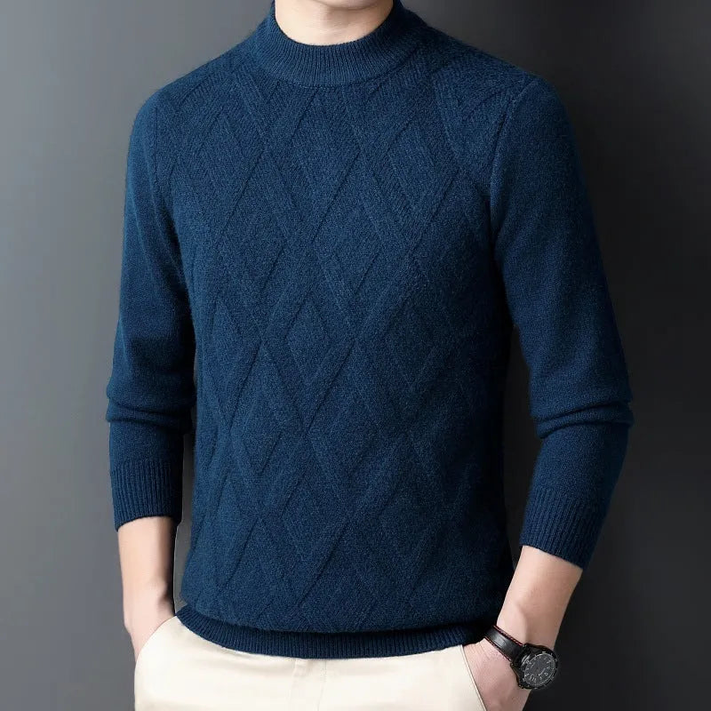 Men's thick winter wool blend pullover sweater with diamond jacquard pattern in a plus size fit.