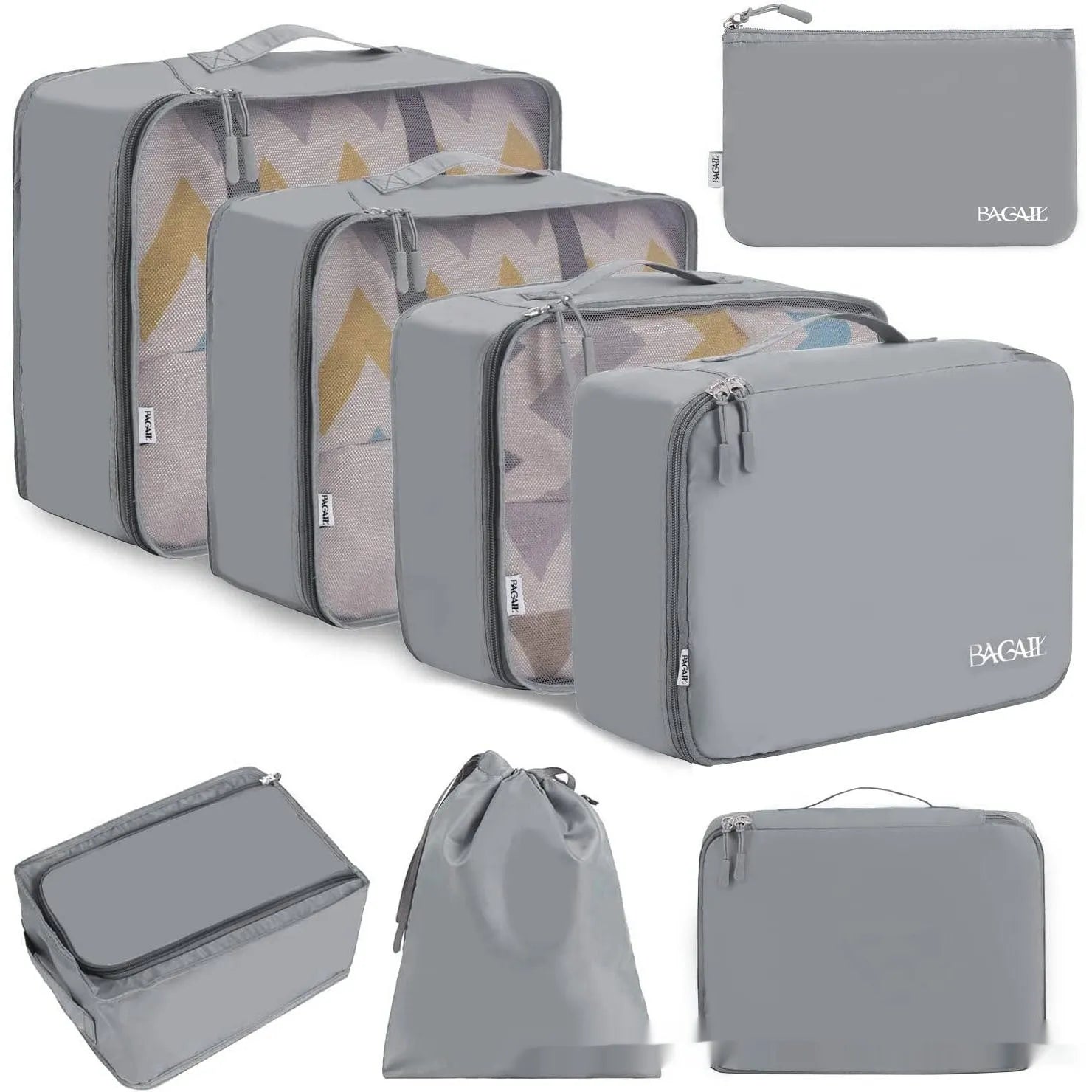 Set of eight PP packing cubes in various colours including beige, black, pink, and leopard print for travel organisation.