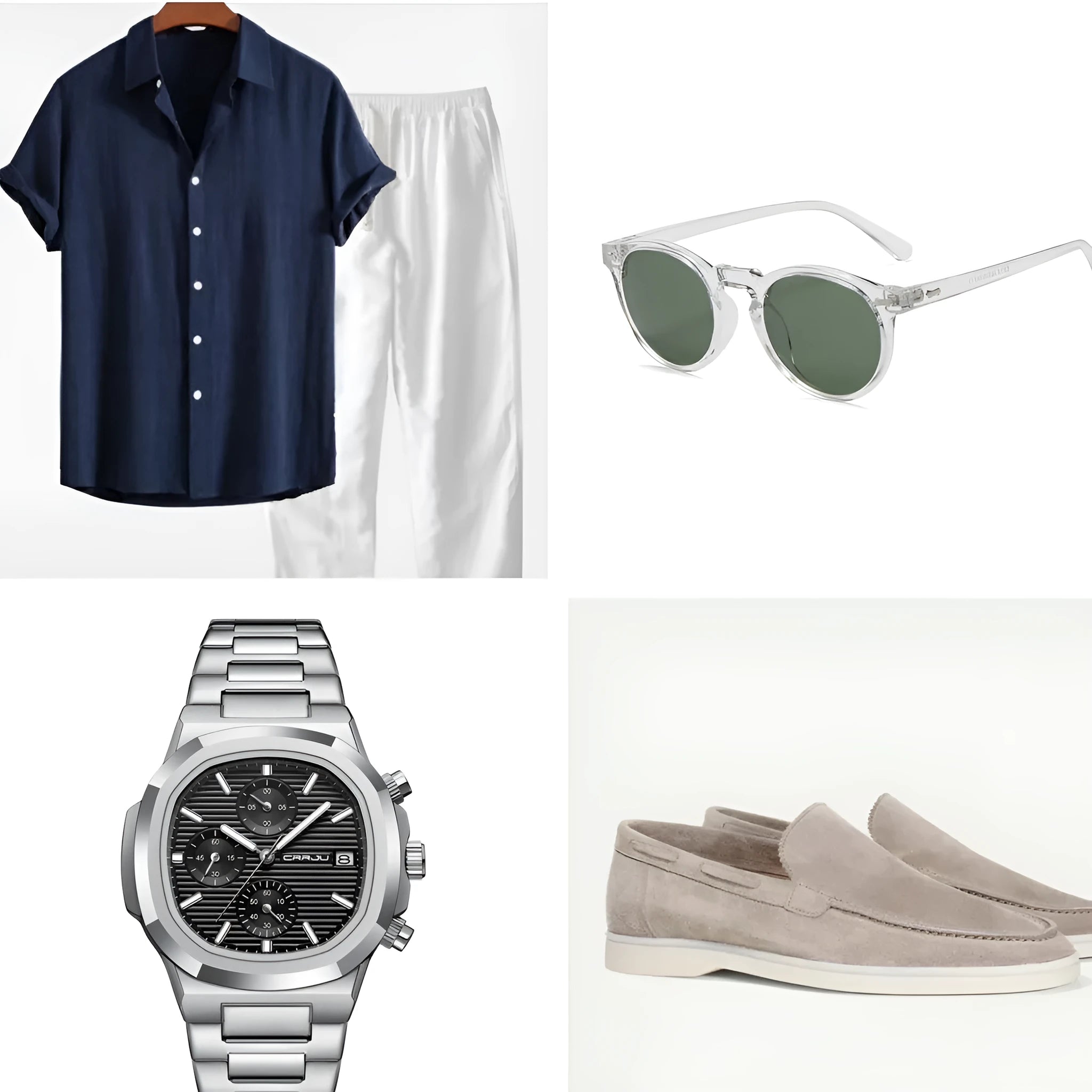Casual loose cotton linen short sleeve suit in multiple colours with matching glasses, shoes and watch accessories