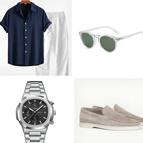 Casual loose cotton linen short sleeve suit in multiple colours with matching glasses, shoes and watch accessories