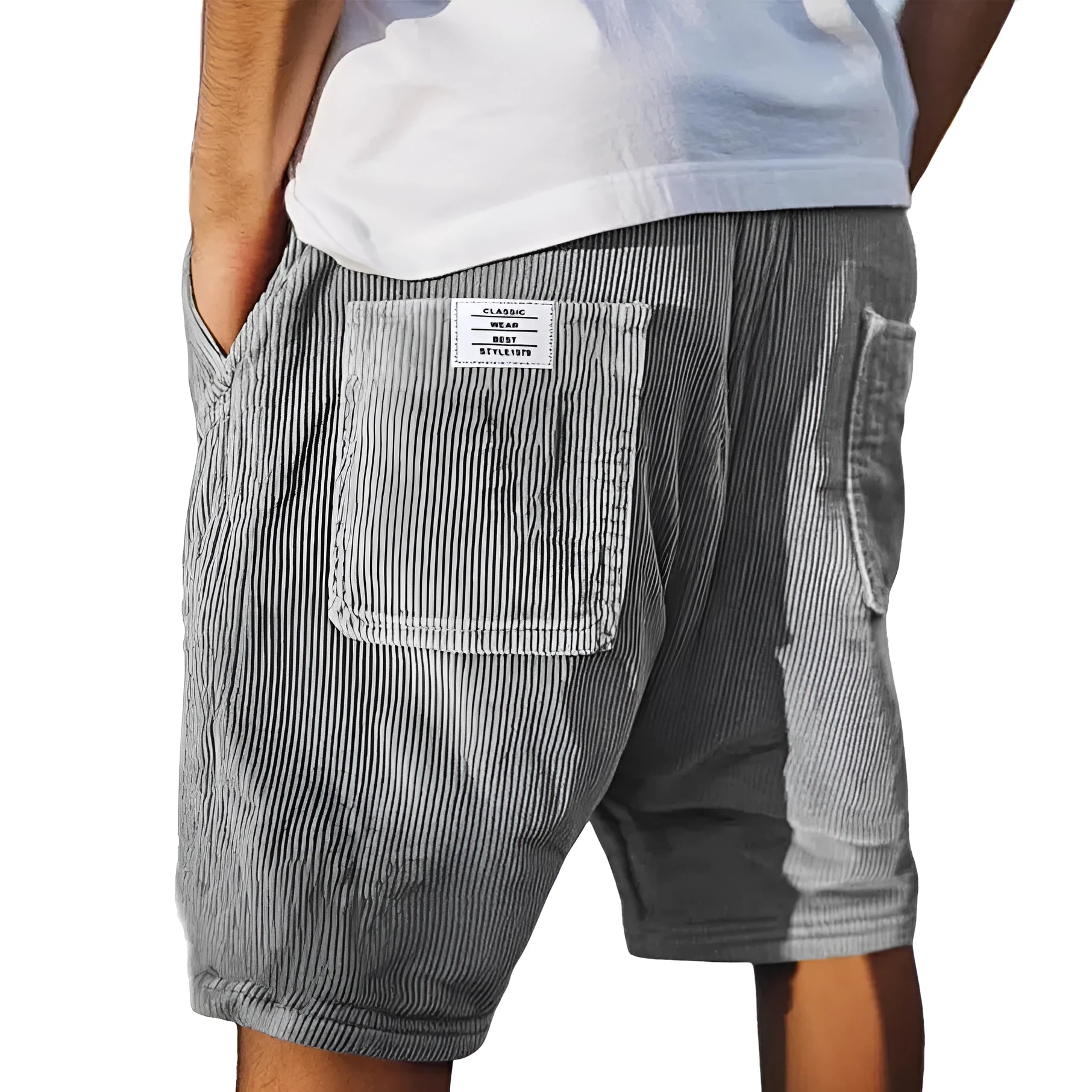 Men's grey corduroy shorts with embroidered detail on multiple pockets, laid flat.