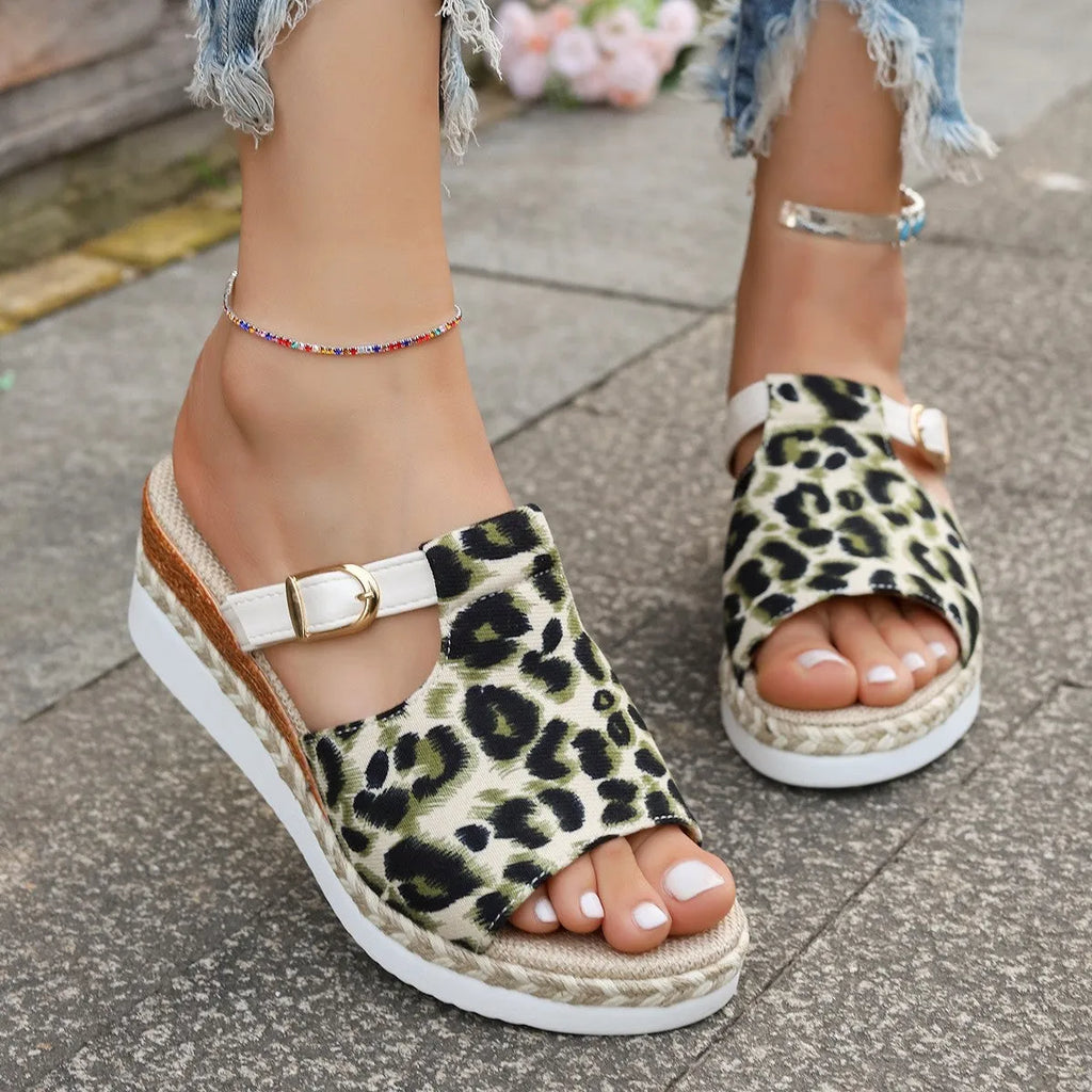 Women's leopard print platform sandals with wedge heel and fish mouth toe in beige, light green, and yellow.