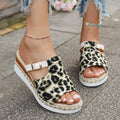 Women's leopard print platform sandals with wedge heel and fish mouth toe in beige, light green, and yellow.