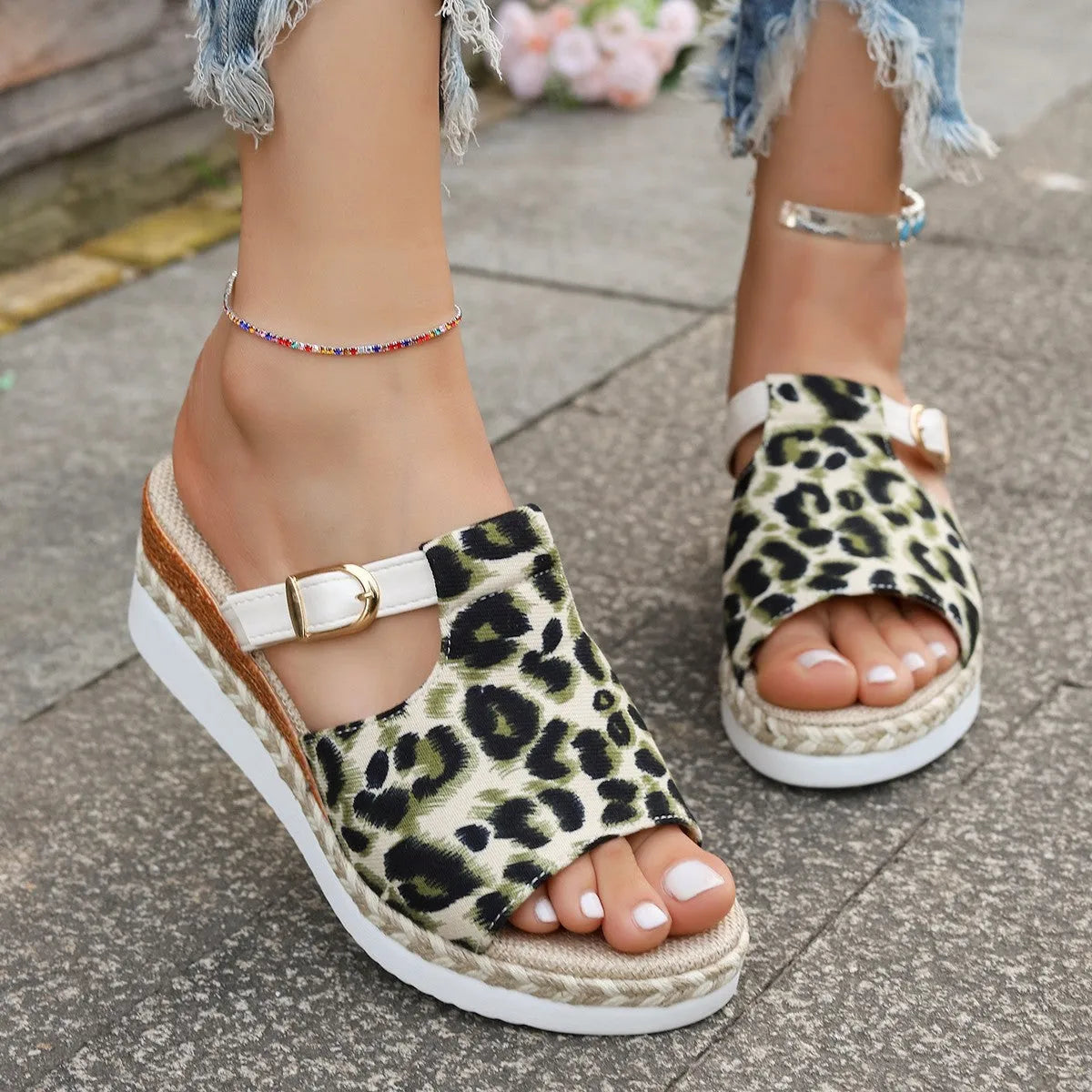 Women's leopard print platform sandals with wedge heel and fish mouth toe in beige, light green, and yellow.