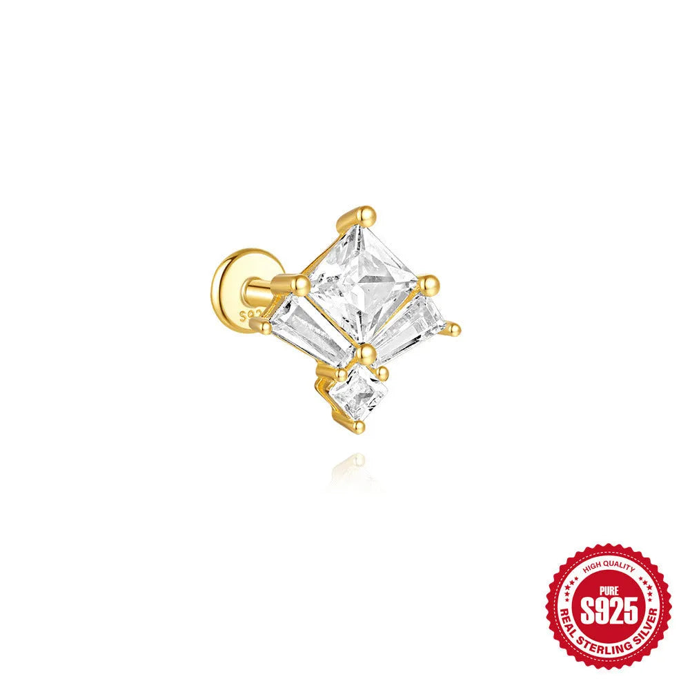 S925 sterling silver geometric stud earrings with inlaid zircon in golden clover, crown, and chain designs.