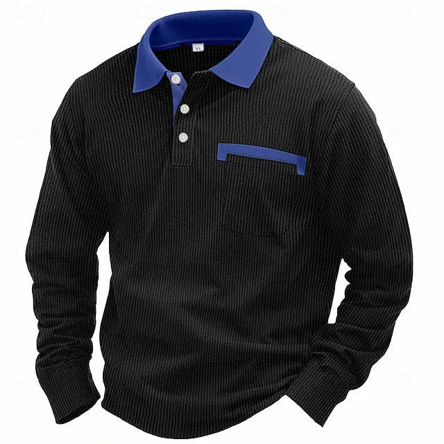 Man modelling a long-sleeved waffle-texture polo shirt in a loose, retro style.