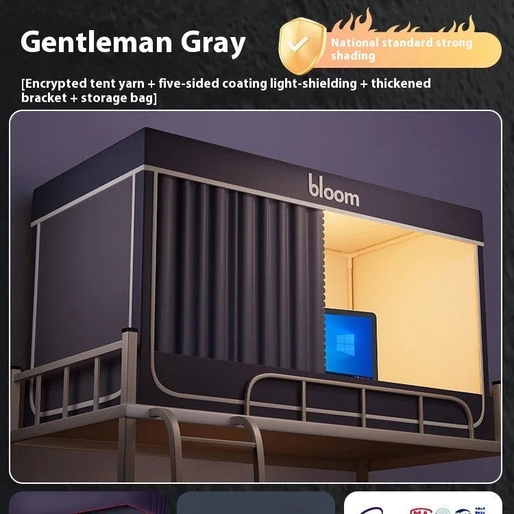 Gentleman Grey integrated mosquito net and light blocking bed curtains for a 0.9 metre bed with a tent design.