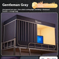 Gentleman Grey integrated mosquito net and light blocking bed curtains for a 0.9 metre bed with a tent design.