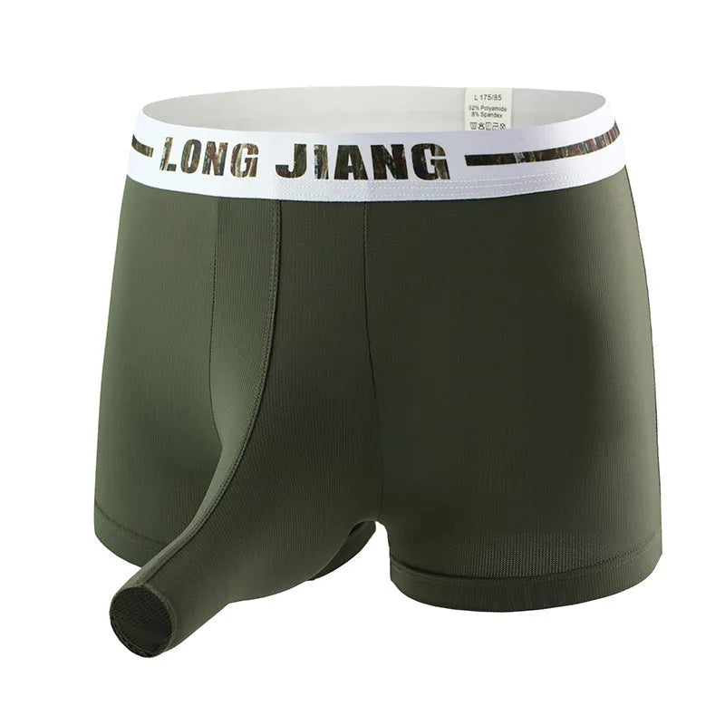Men's Ice Silk trunk open boxers in grey blue colour, showing thin knitted fabric and mid waist design.