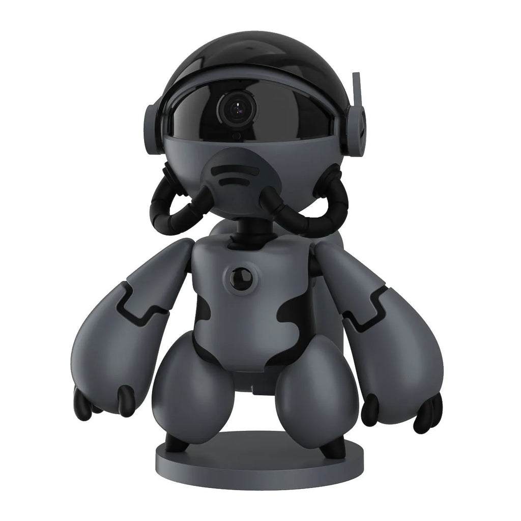 White or black Space Robot 1080P HD battery-powered indoor security camera on its detachable base.