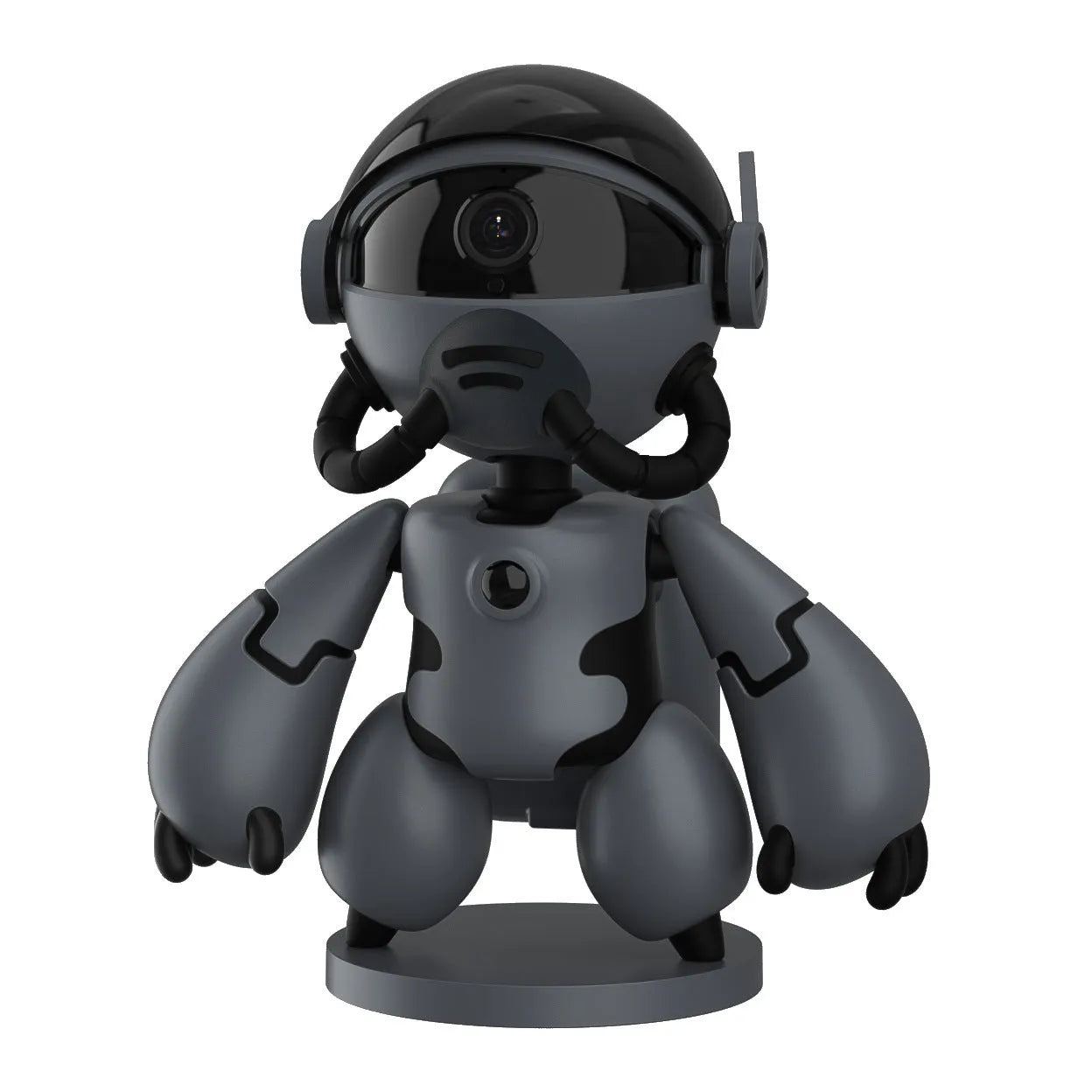 White or black Space Robot 1080P HD battery-powered indoor security camera on its detachable base.