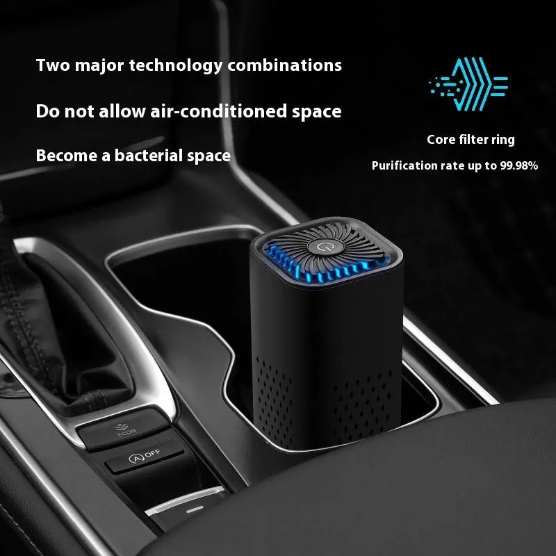 Mini USB car air purifier in white and black colours for small spaces