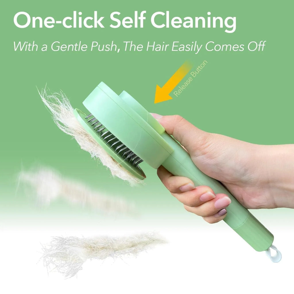 Green and yellow 2-in-1 pet grooming brush with curved teeth for long haired cats and shedding pets