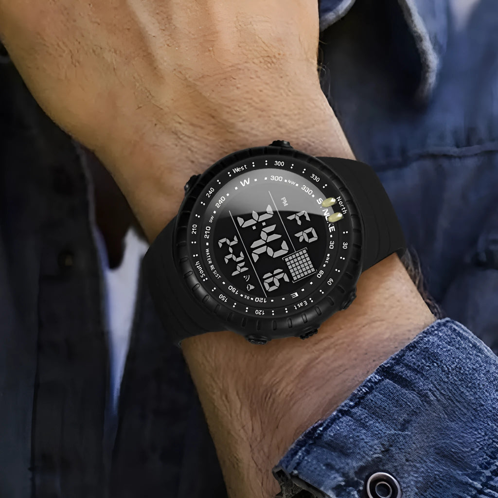 Black men's outdoor electronic watch with large dial showing WR50M waterproof rating on PU strap