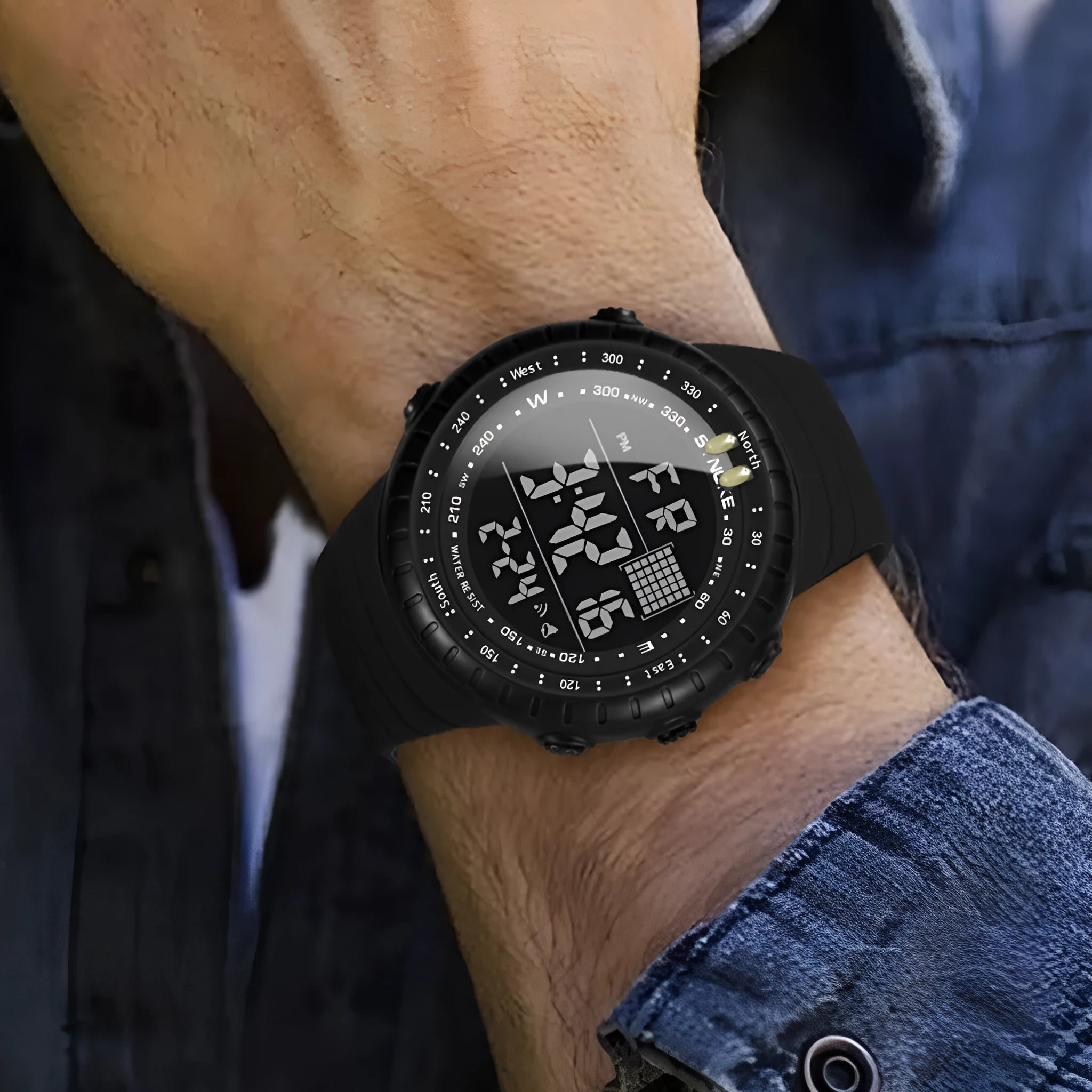 Black men's outdoor electronic watch with large dial showing WR50M waterproof rating on PU strap