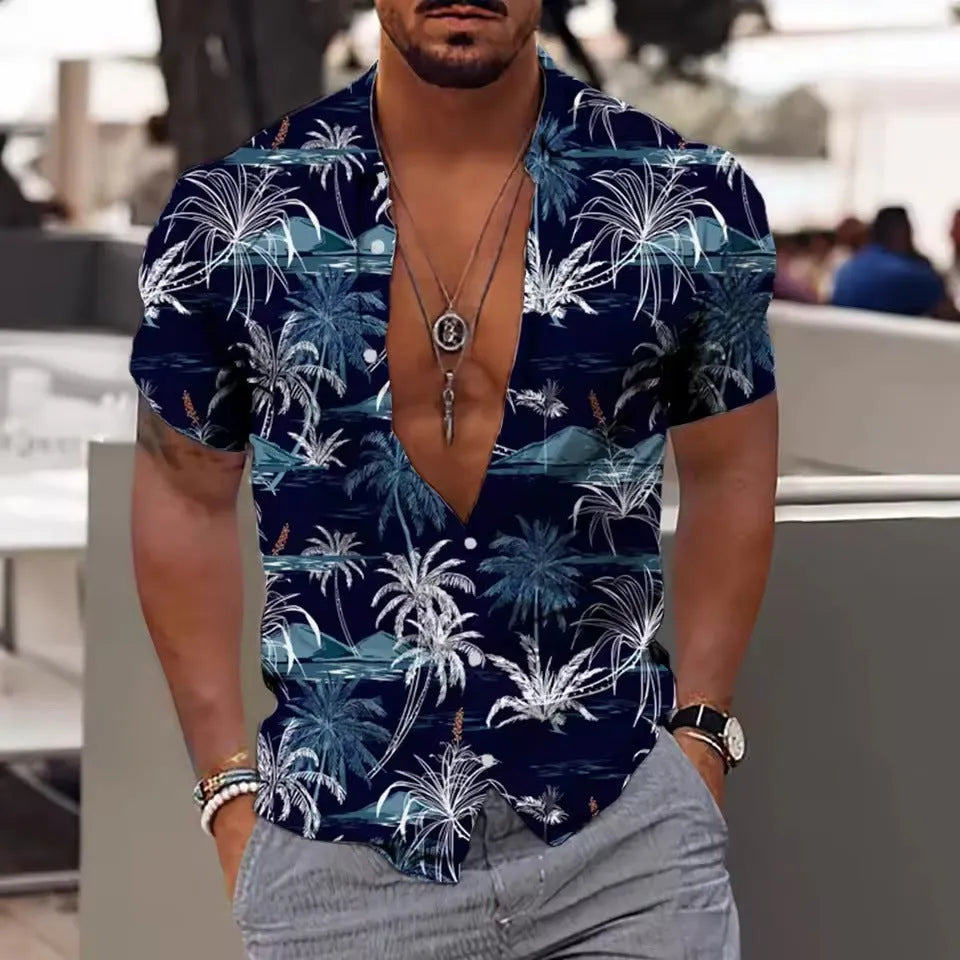 Men's loose-fit short sleeve shirt with a colourful floral pattern, shown in a casual cardigan style.