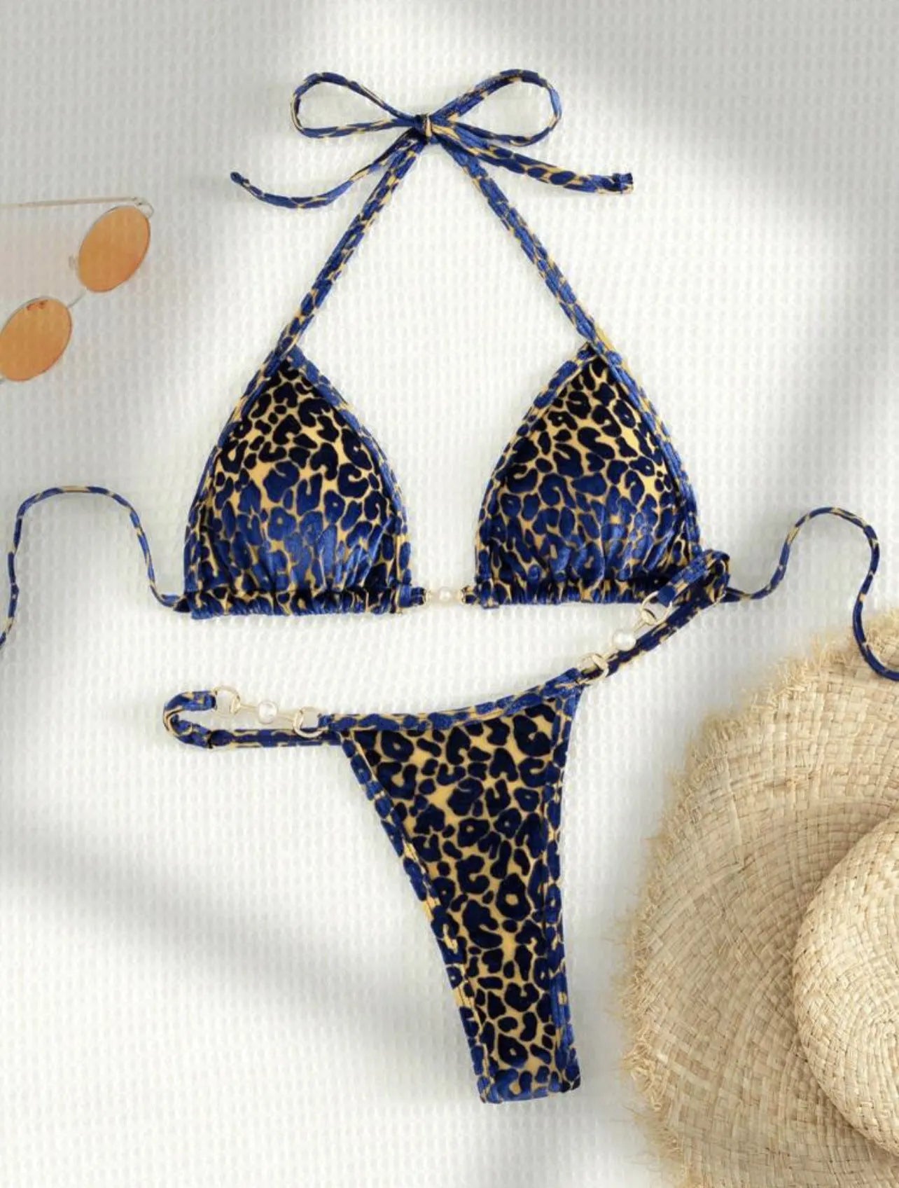 Women's leopard print bikini set with T-back design in multiple colour variations