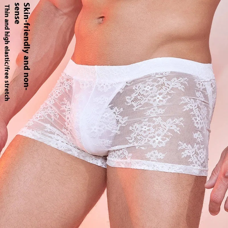 Nylon lace men's boxers in black, displayed flat to show elasticated waistband and lace fabric texture.