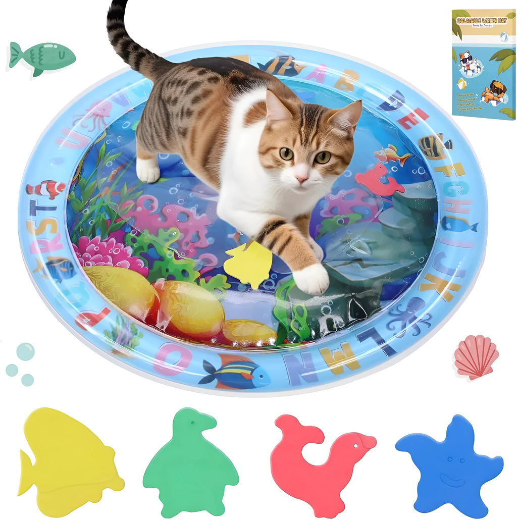 Thickened PVC water playmat for cats with ocean fish design and floating toys on a blue surface.