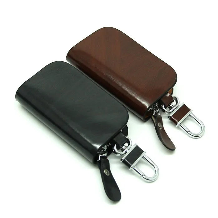 Genuine soft cowhide leather car key case in black or brown with frosted finish