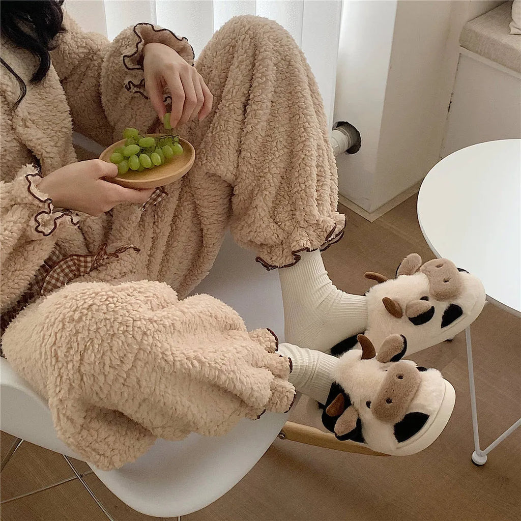 White cartoon cow plush slippers with anti-slip PVC soles for women