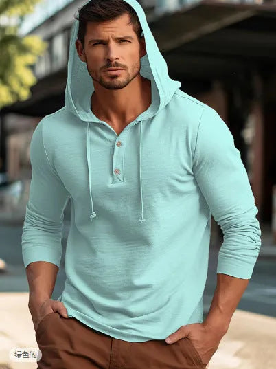 Men's dark blue cotton pullover hoodie with a hood and long sleeves on a hanger.