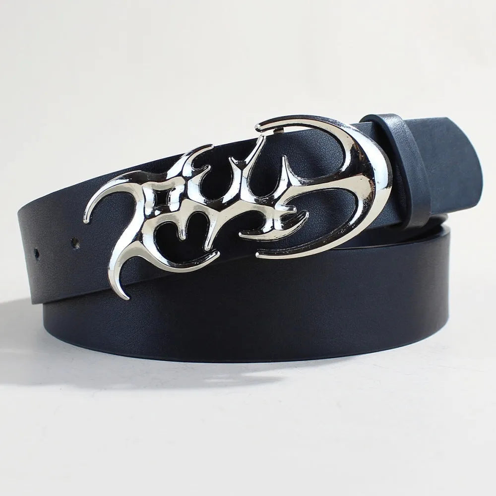 Silver alloy buckle on 3.3cm wide PU leather belt showing snap button fastening