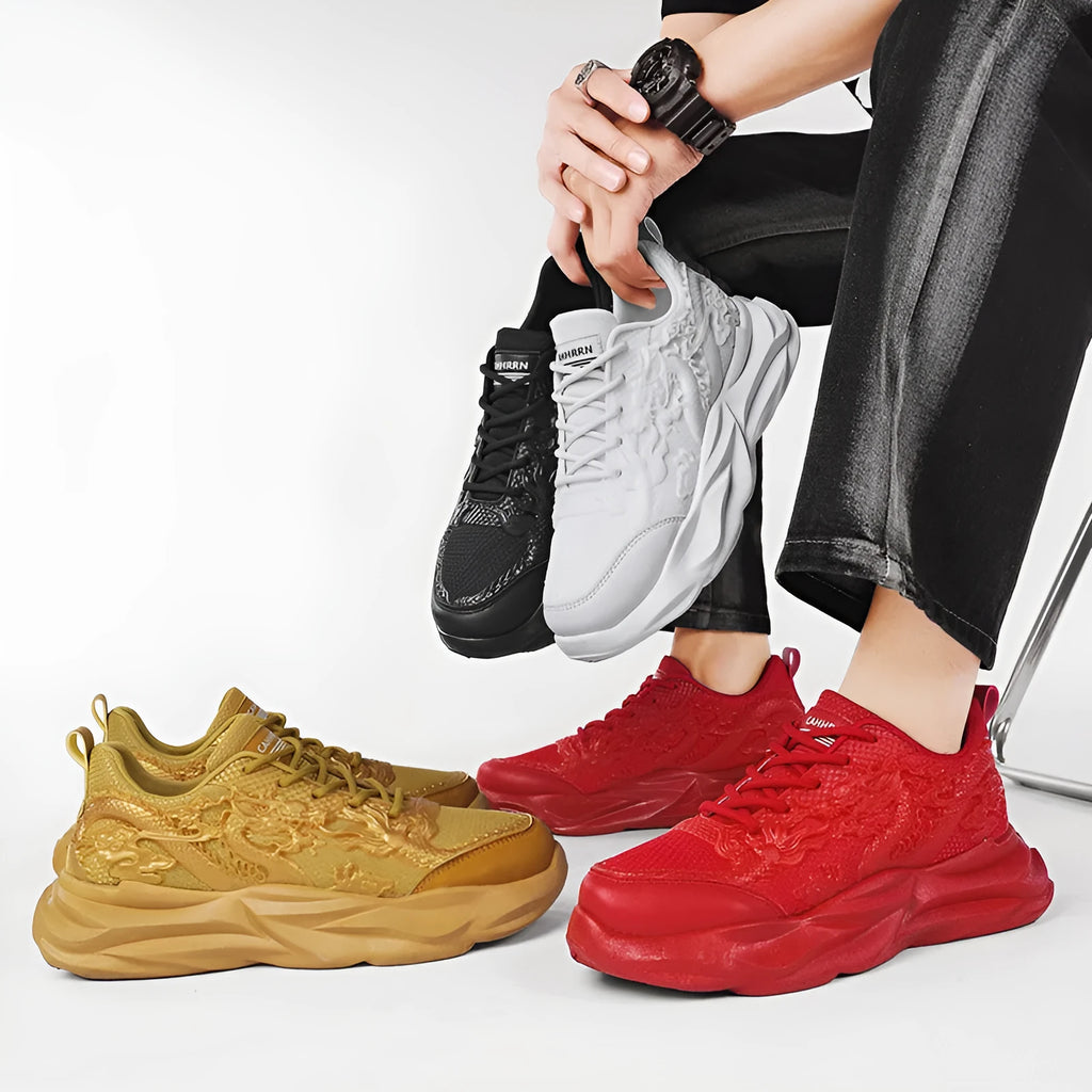 Chinese Loong breathable fly knit sneakers with dragon pattern and rubber sole in gold, white, or black colours