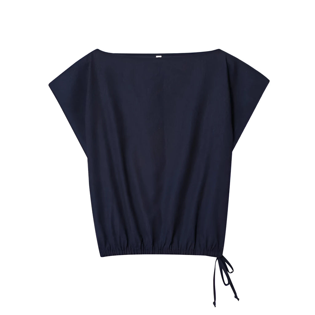 Women's two-piece set with off-neck flounced sleeve top and wide leg trousers in blended polyester fabric