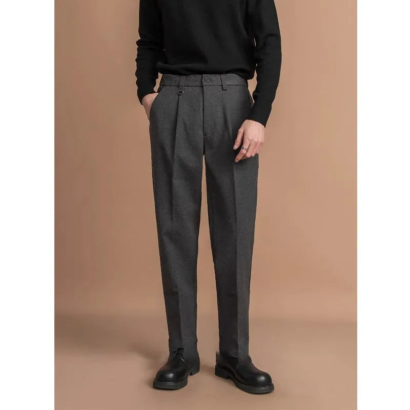 Men's straight leg trousers in draped casual business style available in four colours