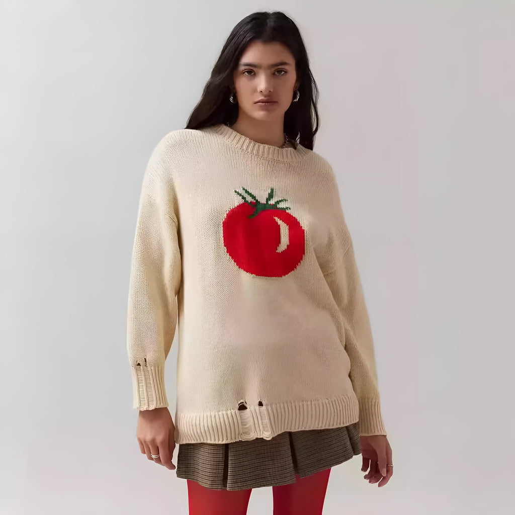 Women's beige jacquard knit pullover sweater with round neck and long sleeves